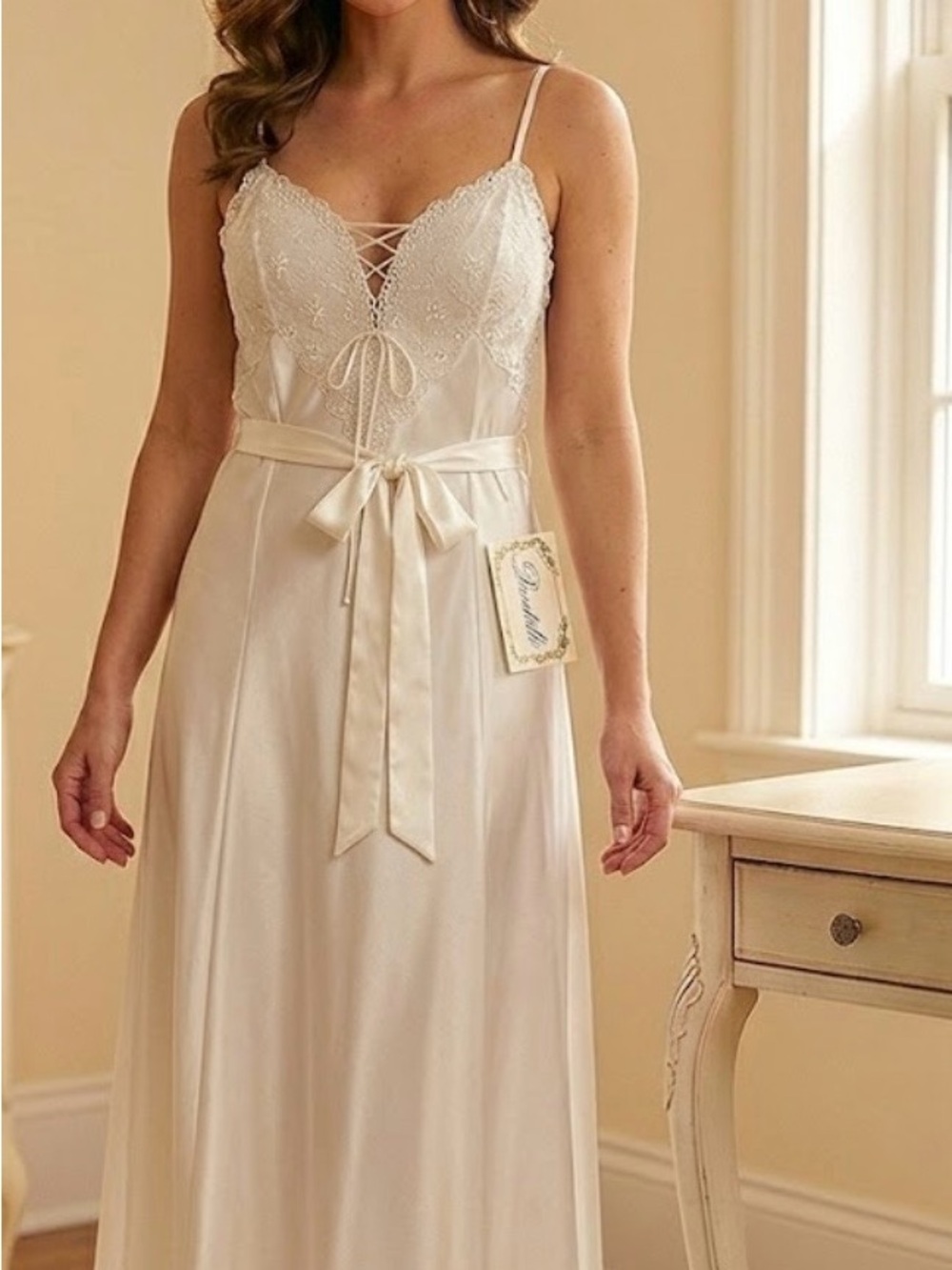 Vintage Dentelle NWT Ivory Pearl Satin Lace-Up Nightgown Long Robe Set Peignoir - Picture 2 of 8